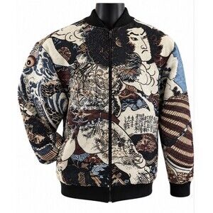 Rebel Vengeance Mens M Japanese Samurai Tapestry Bomber Jacket Full Zip